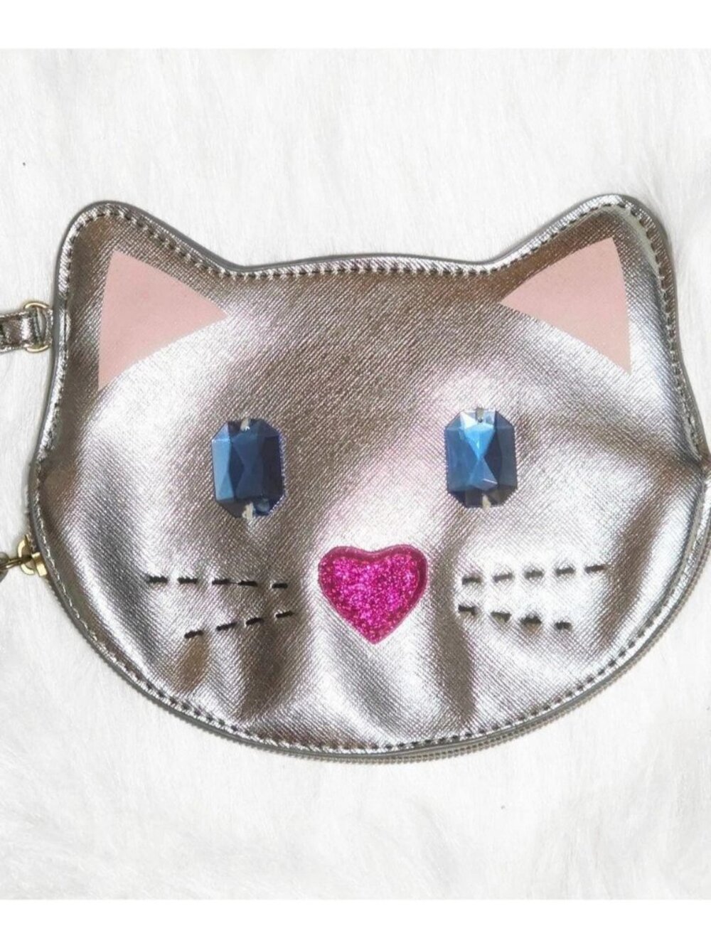 Luv Betsey Johnson Cat Large Wristlet Pouch Silver Jeweled Rhinestone Kitty Bag